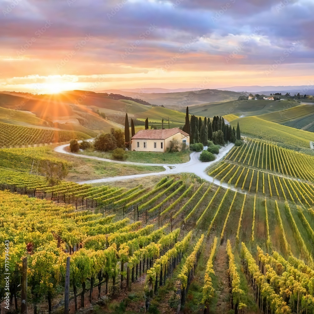Sun kissed vineyards in tranquil Italian countryside