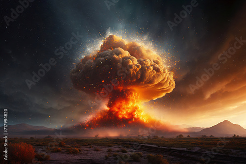Terrible explosion of a nuclear bomb with a mushroom in the desert. Hydrogen bomb test. dry desert place. Copy space.