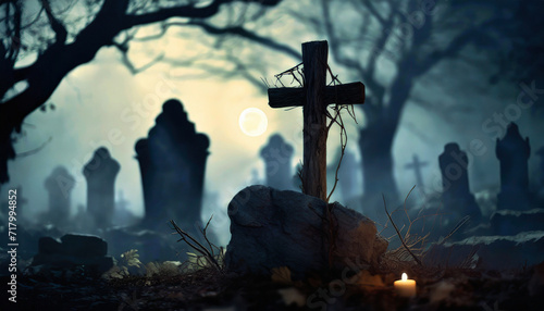 A cross in the old cemetery at night,a grave on a dark background.dry tree branches, horror concept.