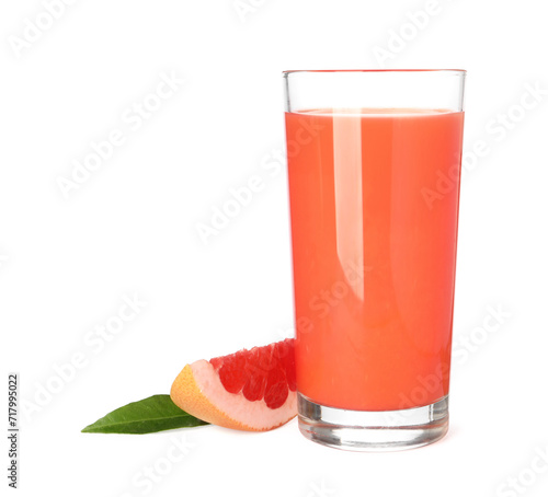 Tasty grapefruit juice in glass, fresh fruit and green leaf isolated on white