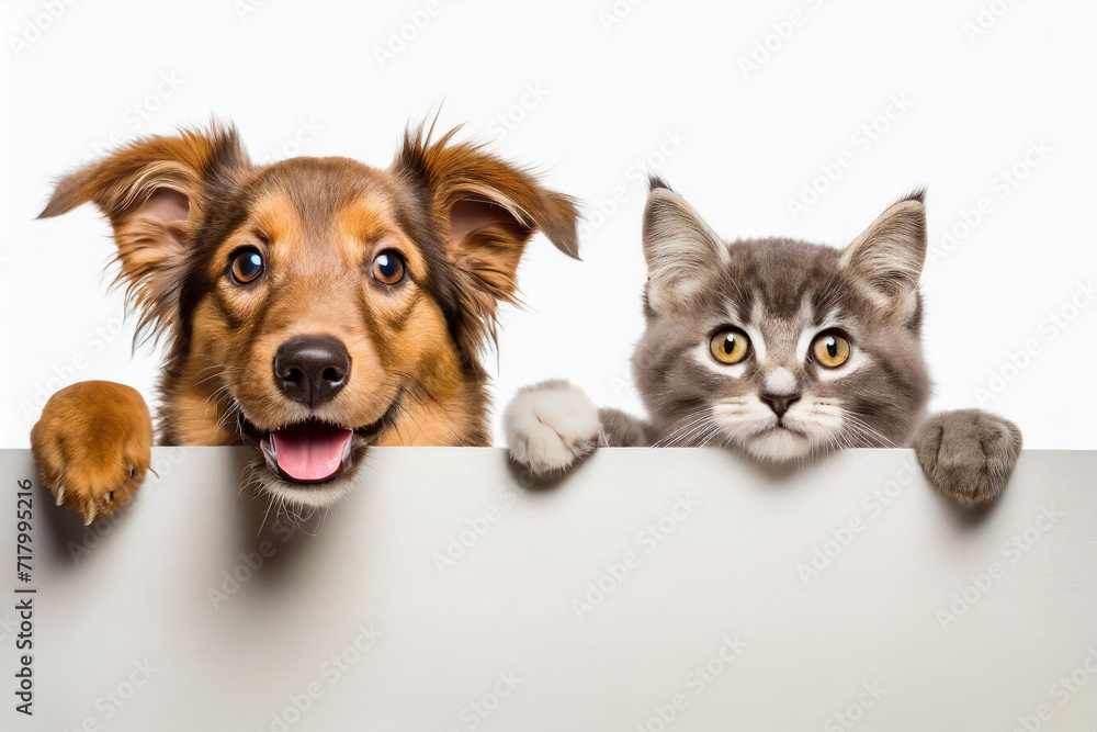 A cute cats and dogs puppies peeking out from behind a white blank banner. on white background, copy space.Mockup,advertisement. - obrazy, fototapety, plakaty 