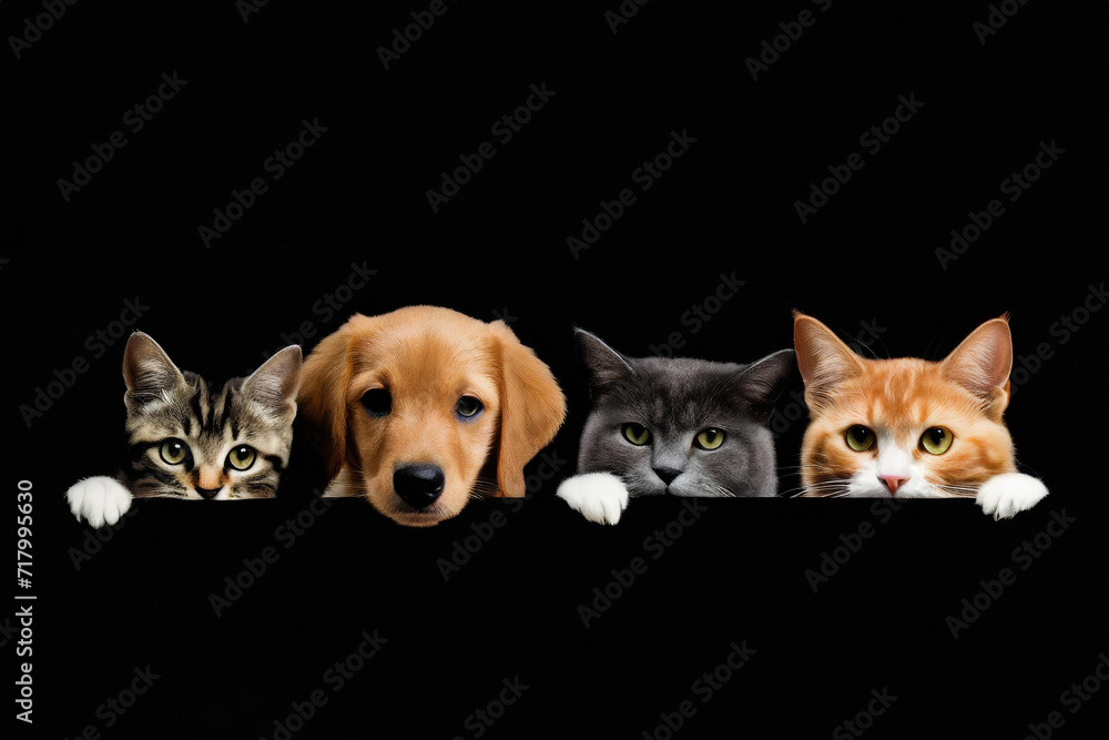 A cute cats and dog puppies holds a black blank banner. on black isolated background, copy space.