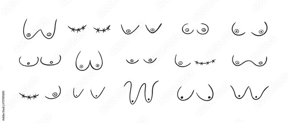 Hand drawn woman breast collection. Set of female breasts different sizes, breast cancer. Line style, doodle vector illustration. Hand drawn woman breast collection. Set of female breasts different sizes, breast cancer. Line style, doodle vector illustration.