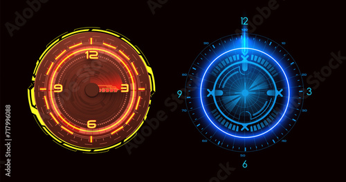 Two vibrant sci-fi clocks glow in red and blue hues, showcasing futuristic timekeeping. Used to indicate time and measure time. Vector illustration