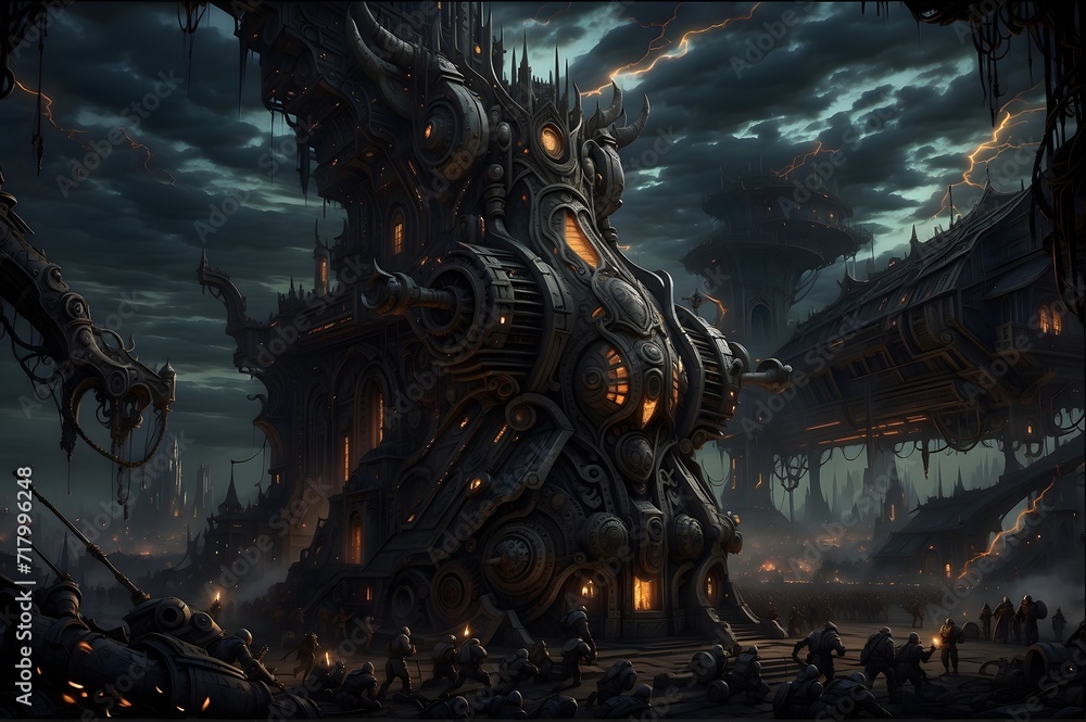 Fototapeta premium A chaotic landscape of infernal contraptions, where buildings and machines merge into one monstrous entity n2