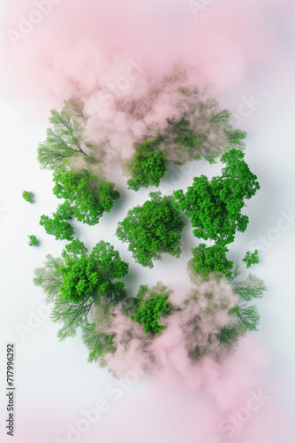 Pink smoke with green trees top view, background