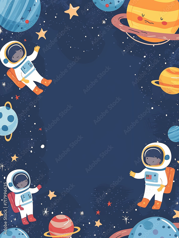 Naklejka premium Friendly Astronauts and Planets in a Paper Art Universe: Great for Kids' Birthday Party, Greeting Cards and Room Decor