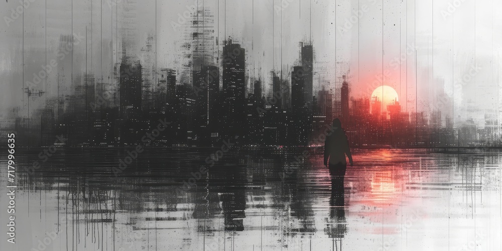 Fototapeta premium Silhouetted New York: The Iconic Skyline Emerges Through Misty Veils in a Monochromatic Cityscape at Dawn, Generative AI