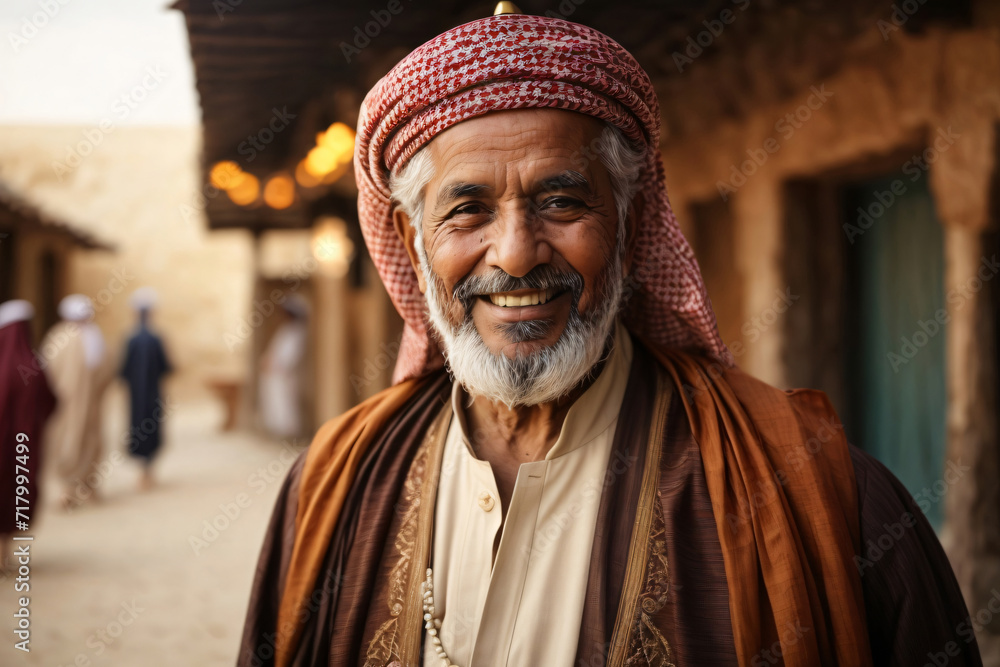 Image of smiling Arabian elderly bearded man wearing traditional clothing and looking at camera while standing against blurred background. Ai generative