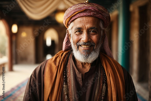 Image of smiling Arabian elderly bearded man wearing traditional clothing and looking at camera while standing against blurred background. Ai generative
