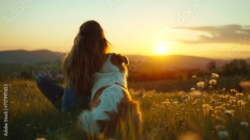 back view of a young woman sitting on garden to sea sunset with her dog