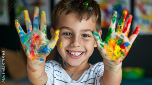 A smiling young boy with paint on his hands and face