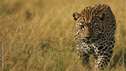 photograph of a leopard walking in grass