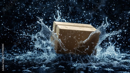 Warehouse Delivery box Logistics Symbol in water splashes on the black background. Horizontal Illustration. Export and Import of Goods. Ai Generated Illustration with Versatile Cardboard Delivery box.