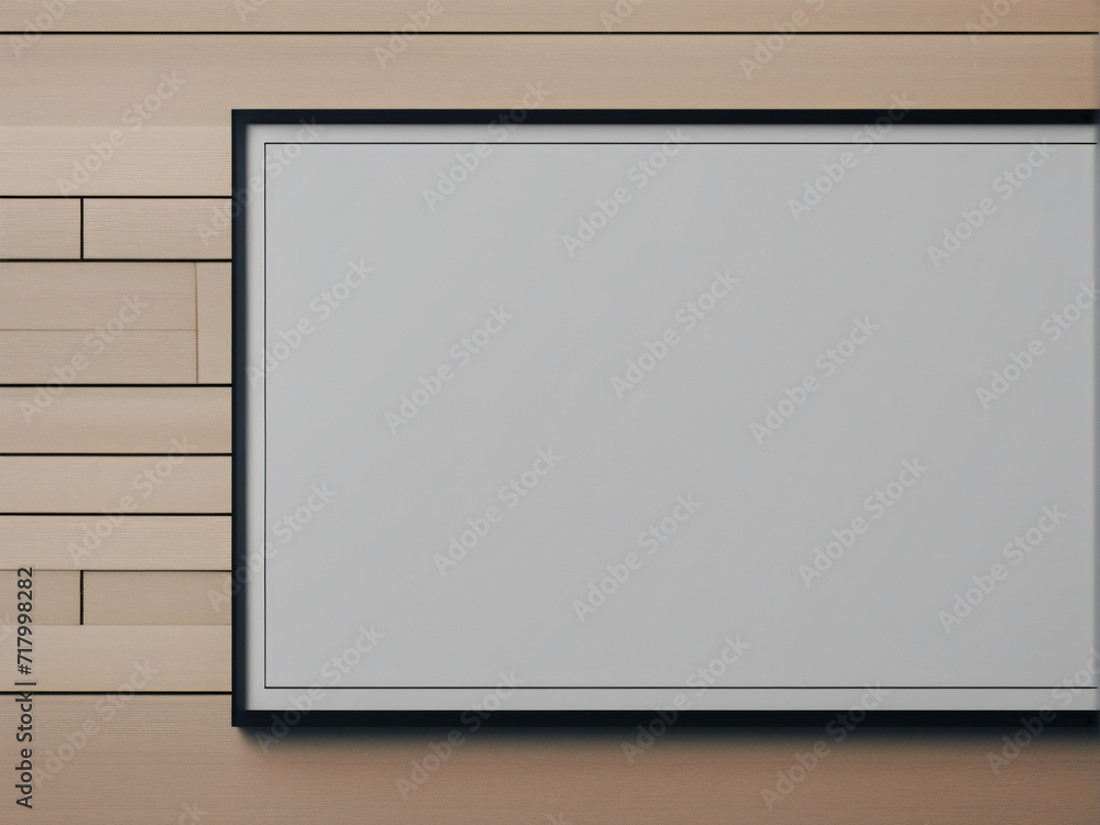 Wall-mounted white board with blank space for art or design exhibition, featuring a wooden frame in a gallery or interior setting Wall-mounted white board with blank space for art or design exhibition, featuring a wooden frame in a gallery or interior setting