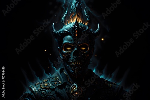 demon warrior skull - statue made of metal and fire n2