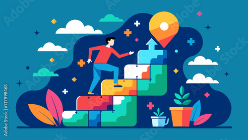 Colorful vector illustration of a man climbing steps to reach a goal