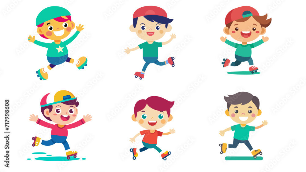 Set of happy cartoon kids enjoying roller skating and skateboarding Set of happy cartoon kids enjoying roller skating and skateboarding