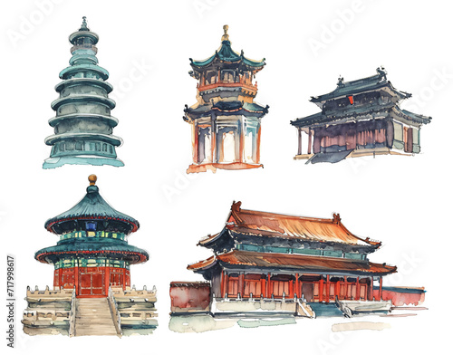 Chinese style ancient architecture watercolor stickers © Anthony