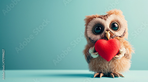 A cute owl with big eyes clutching a heart, on a pastel blue background, Valentine's Day, soft background, with copy space © Катерина Євтехова