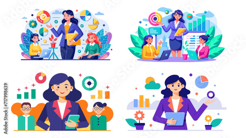 Professional woman leading business and home life in colorful vector scenes