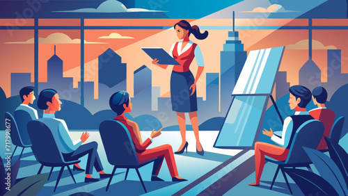 Female leader conducting business meeting in modern office illustration