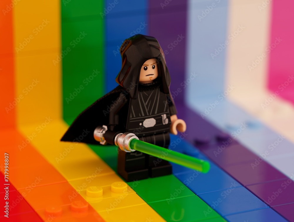 Obraz premium Tambov, Russian Federation - October 01, 2023 A Lego Luke Skywalker minifigure with a lightsaber on a rainbow backdrop.