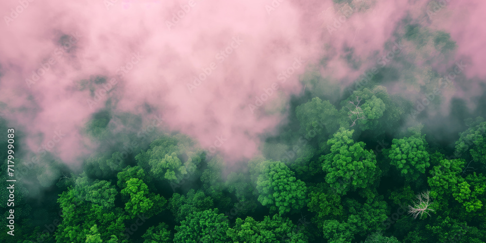 Pink smoke with green trees top view, background Pink smoke with green trees top view, background