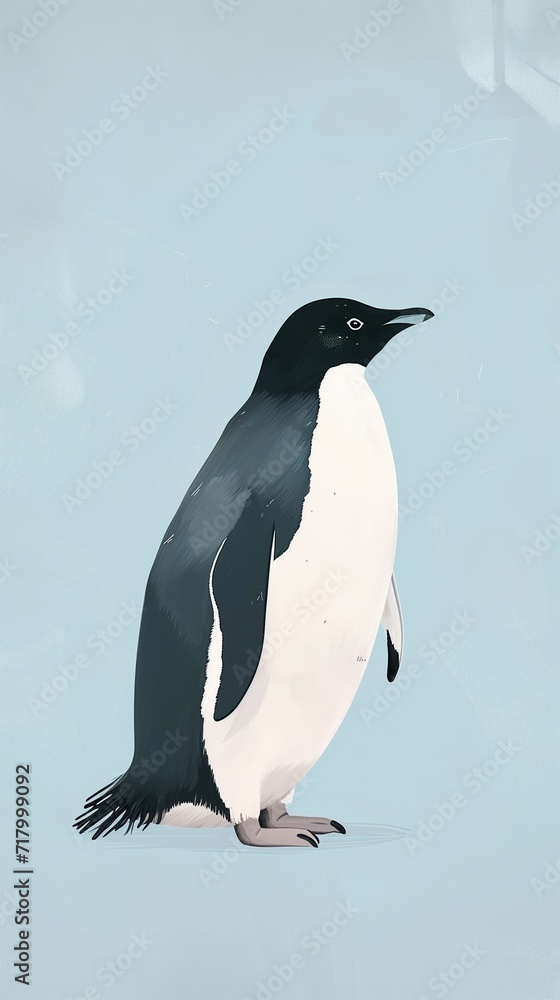 Fototapeta premium Illustration of penguin on a pastel blue background. Poster for children's playground, storybook, nursery, postcard or vet clinic. Copy space, stylized