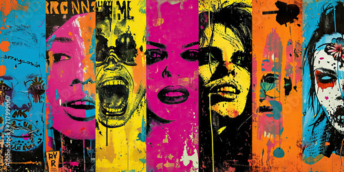 Grunge Gallery: Collage of Faces. A Gallery with Grunge-era Art and 90s Music Memorabilia, Signifying 90s Subculture