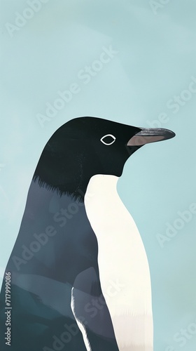 Illustration of penguin on a pastel blue background. Poster for children s playground  storybook  nursery  postcard or vet clinic. Copy space  stylized