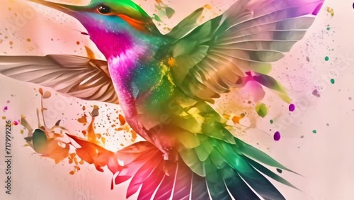 hummingbird in aquarelle style bursting into colorful background
