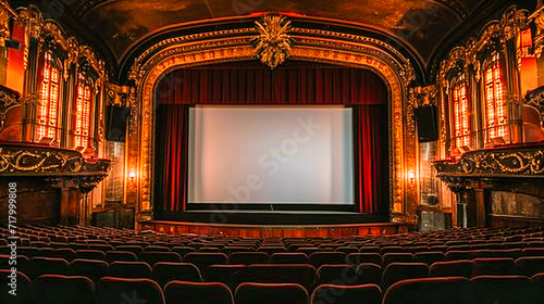 Elegant Auditorium Ready for a Movie or Show: Red Seats and Large Screen in a Vintage Cinema