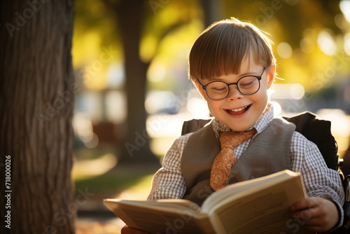 child with Down syndrome is engrossed in reading under a tree. down syndrome day concept