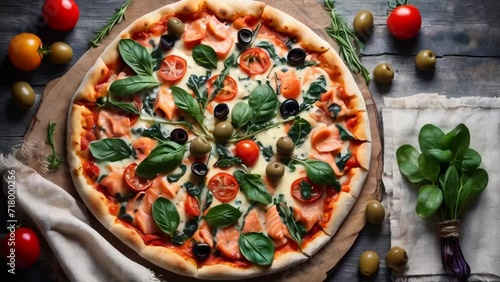 Appetizing pizza with salmon, cream sauce, spinach on the table gourmet photo