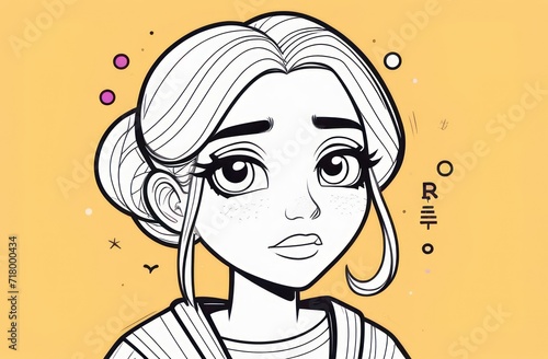 Drawing of a girl in black and white on a pastel yellow background. Illustration, girl, avatar in black and white drawing