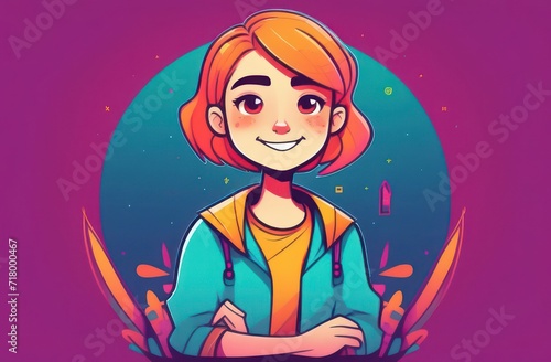 Cheerful girl schoolgirl with red hair close-up. Concept, illustration, teenager, avatar, games