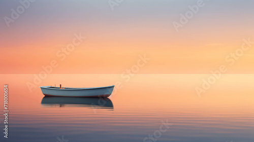 Orange Horizon Over a Tranquil Evening Sea with a Boat Sailing into the Dusk Sky. photo
