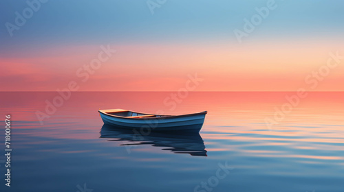 Orange Horizon Over a Tranquil Evening Sea with a Boat Sailing into the Dusk Sky.