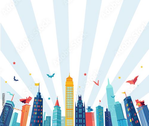 Colorful Super hero party comic-style background with city silhouette and clouds
