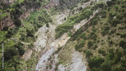 Drone footage of Velitsa Gorge near Tithorea village on a sunny day in Amfikleia-Elateia, Greece photo