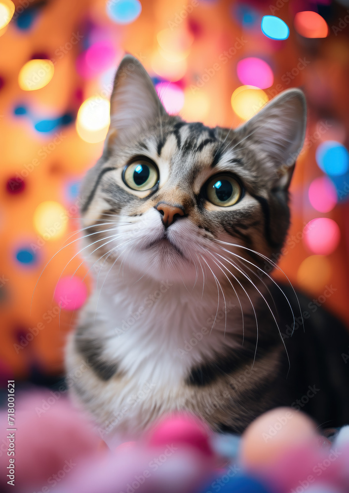 cute cat with big eyes and hearts on a blurred bokeh background, valentines day, love, symbol, postcard, animal, pet, kitten, fluffy, congratulations, holiday, romance
