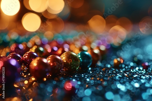 Out of focus background of shiny and colorful Mardi Gras beads