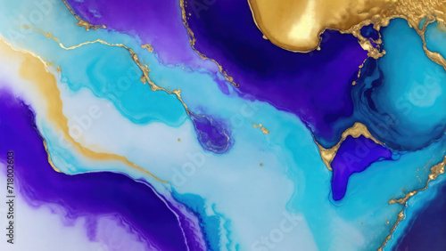 luxury Cyan Gold and Purple abstract fluid art painting in alcohol ink technique