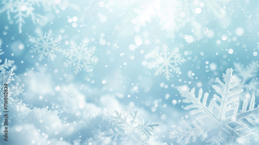 A blue winter background with snowflakes of various sizes.