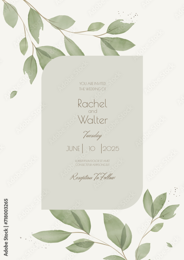 Wedding Invitation In A Minimalist Style With Watercolor Green Leaves. Vector