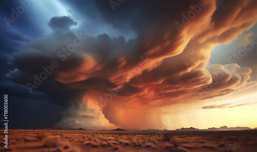 sunset over the desert with dramatic storm clouds photo