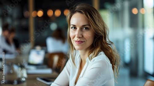 Portrait of a successful businesswoman posing against the background of a meeting in the office, generative AI