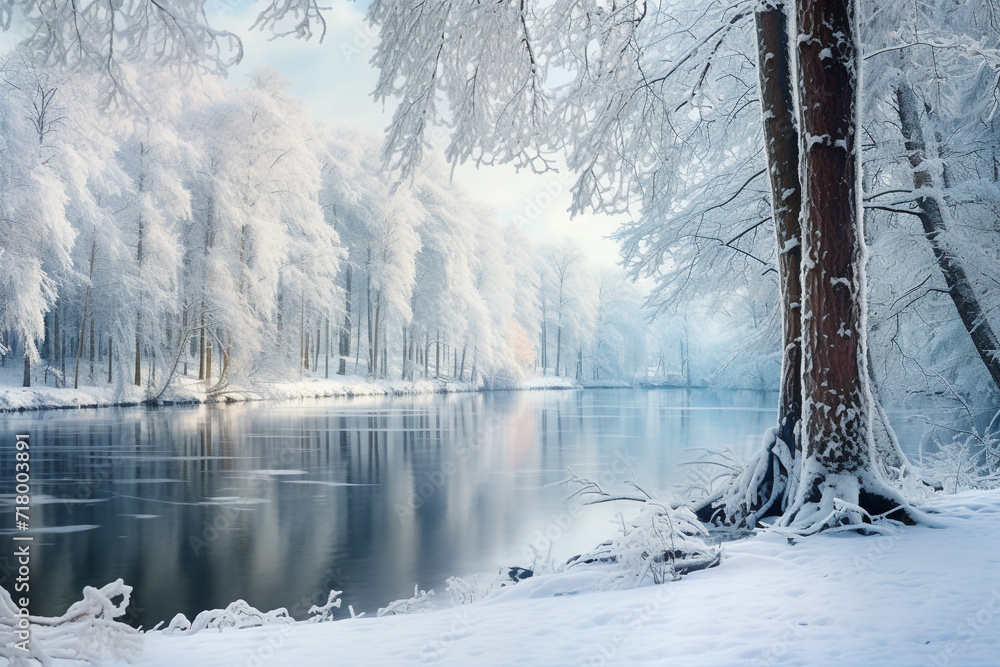 Lake with snow covering on tree branches