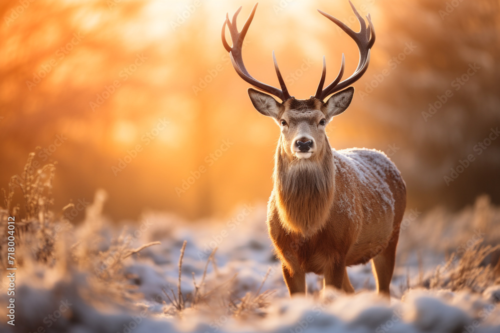 Red deer standing on snow ground in the forest Red deer standing on snow ground in the forest